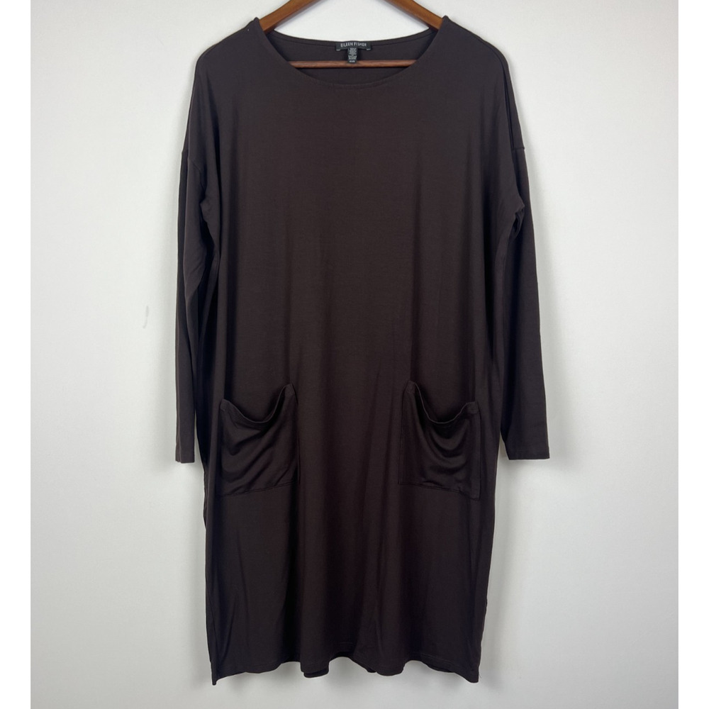 Eileen Fisher Brown Long Sleeve Tunic- Shirt M Minimalist Knee Length